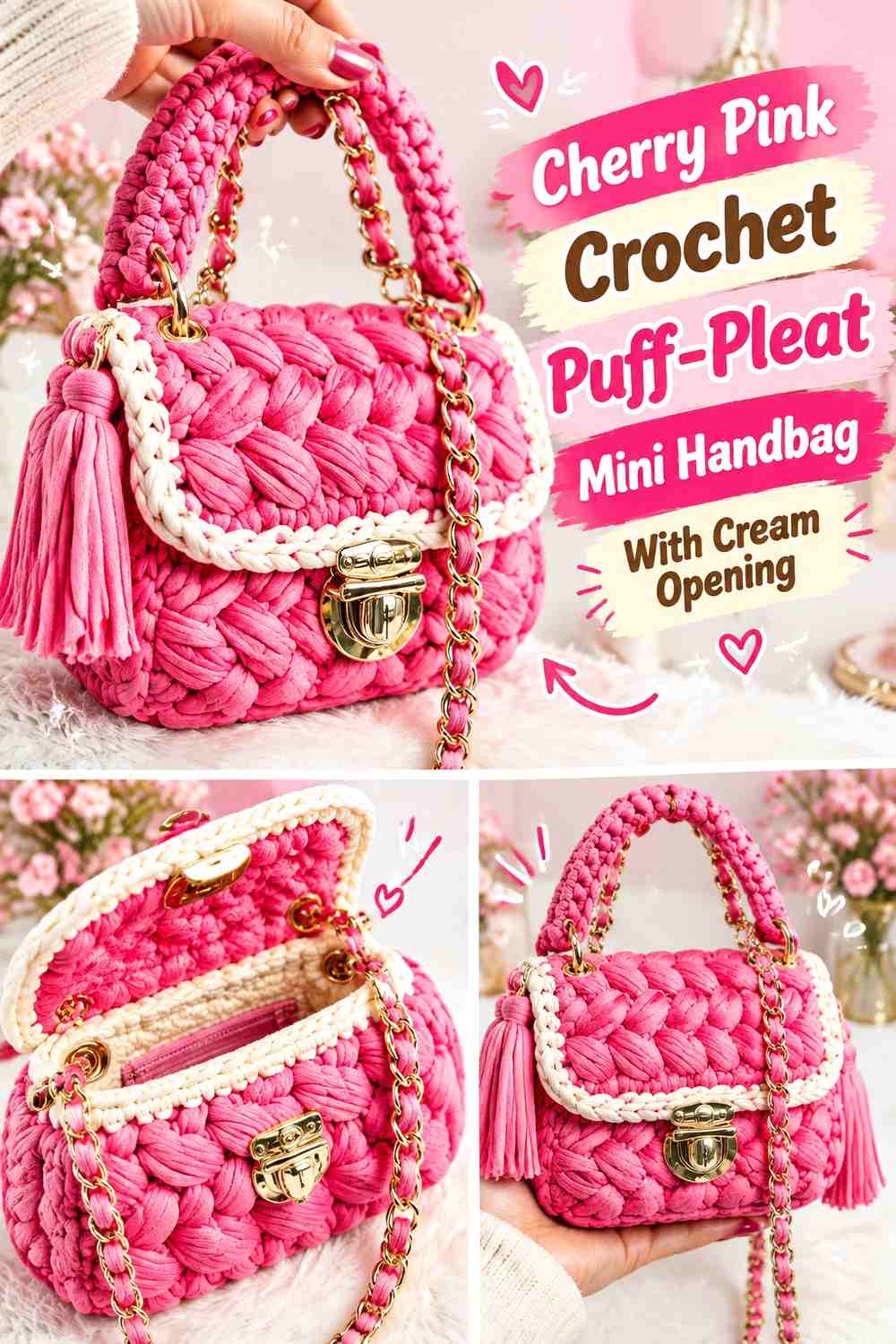 Cherry Pink Crochet Puff-Pleat Mini Handbag With Cream Opening