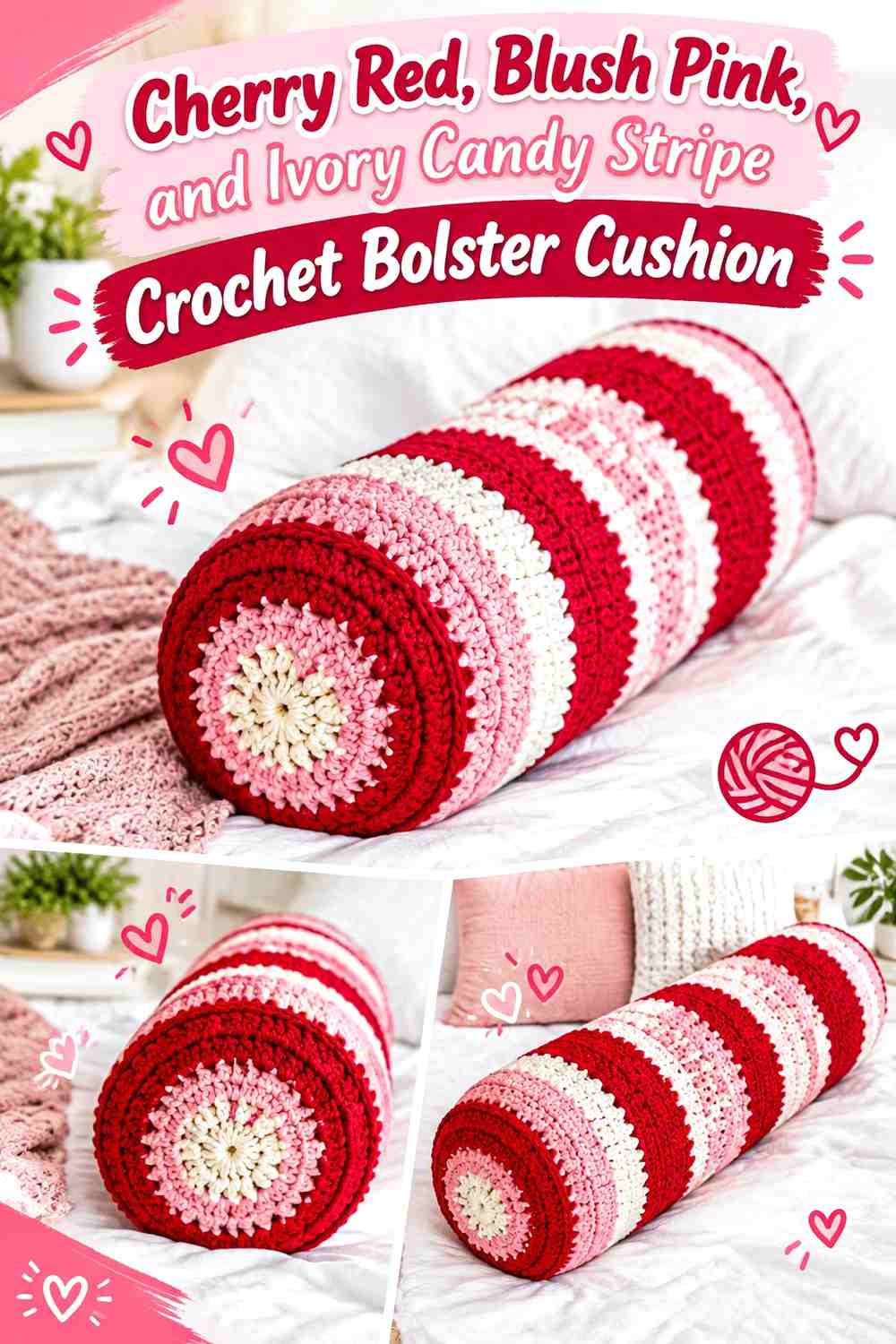 Cherry Red, Blush Pink, and Ivory Candy Stripe Crochet Bolster Cushion