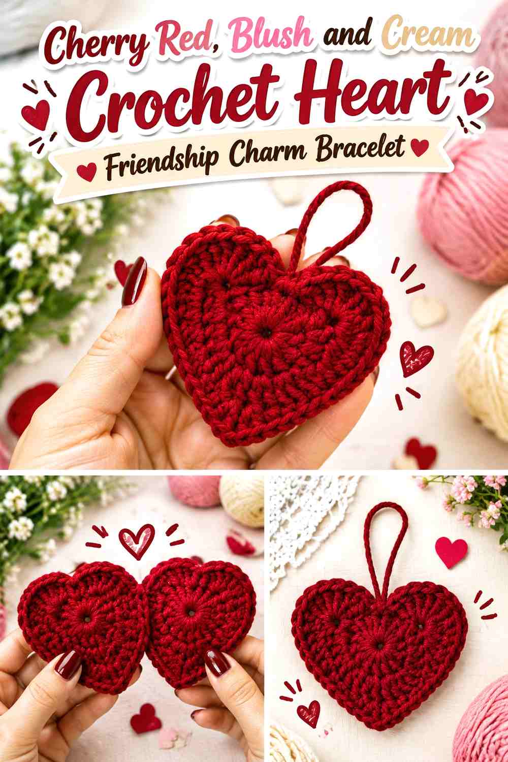 Cherry Red, Blush, and Cream Crochet Heart Friendship Charm Bracelet