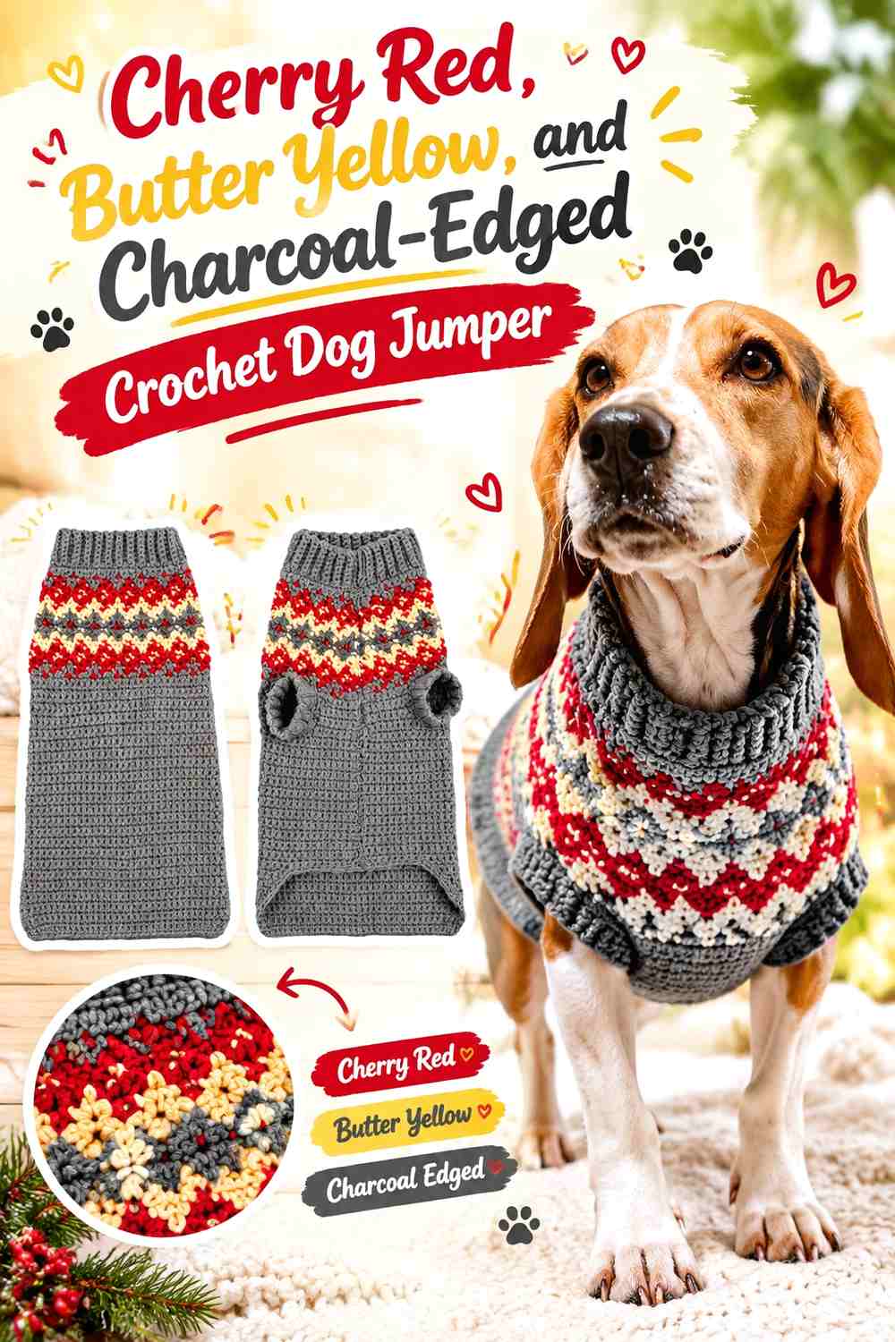 Cherry Red, Butter Yellow, and Charcoal-Edged Crochet Dog Jumper