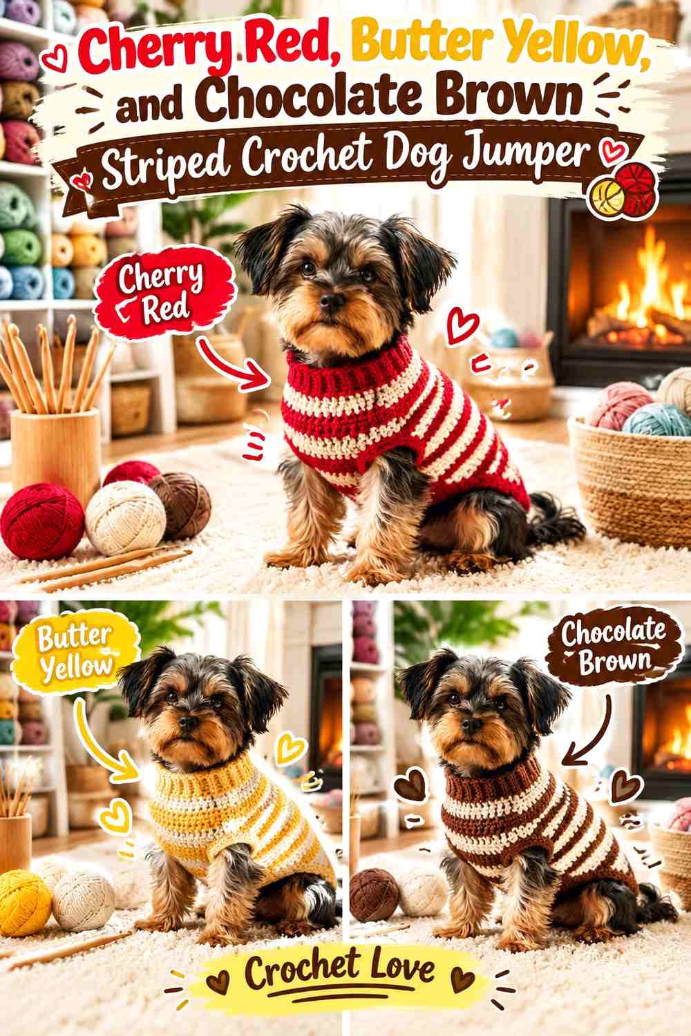 Cherry Red, Butter Yellow, and Chocolate Brown Striped Crochet Dog Jumper