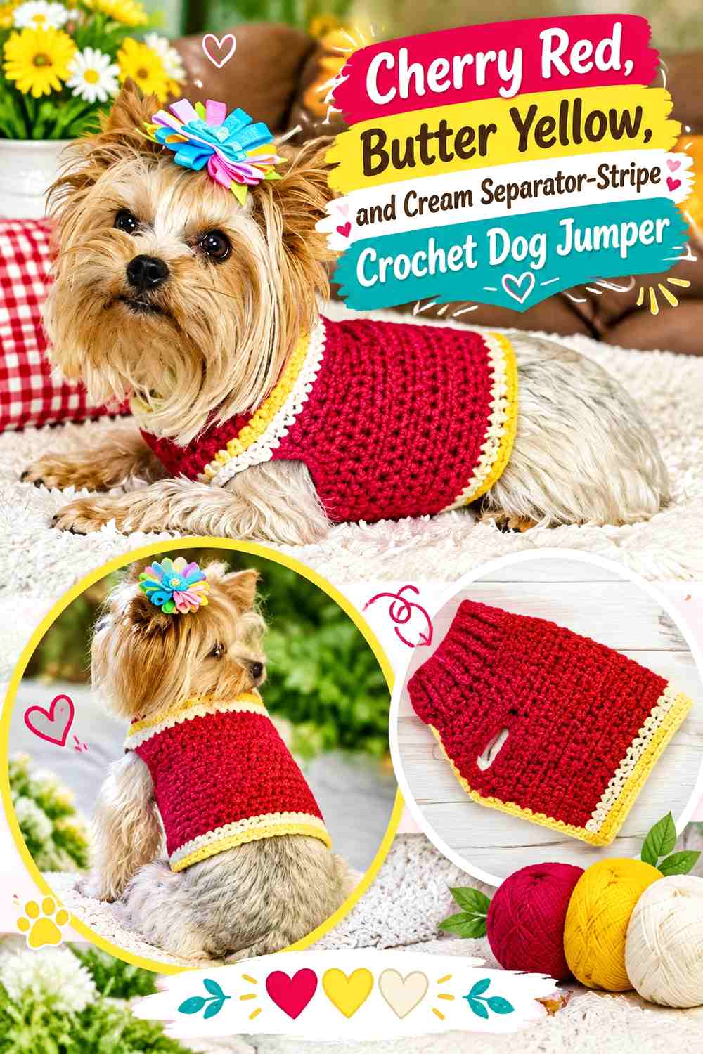 Cherry Red, Butter Yellow, and Cream Separator-Stripe Crochet Dog Jumper