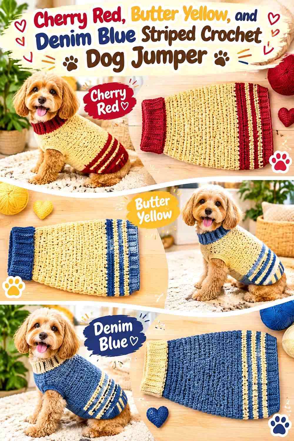 Cherry Red, Butter Yellow, and Denim Blue Striped Crochet Dog Jumper