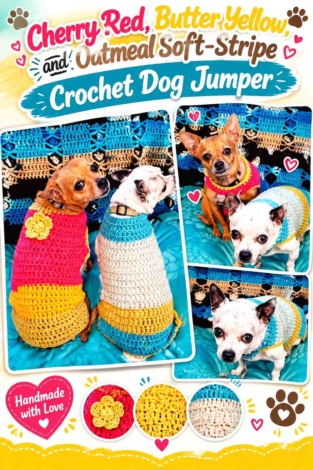 Cherry Red, Butter Yellow, and Oatmeal Soft-Stripe Crochet Dog Jumper