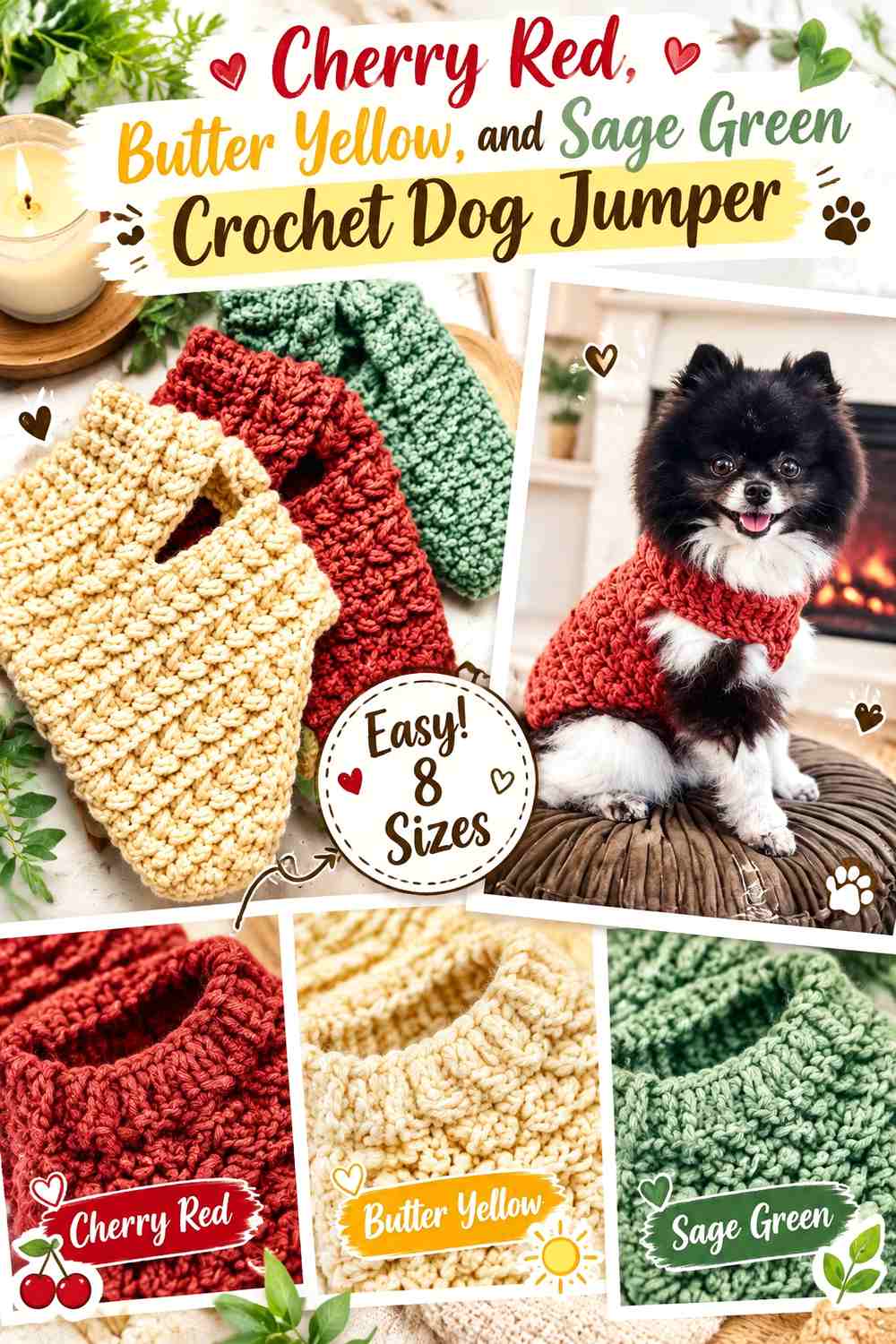 Cherry Red, Butter Yellow, and Sage Green Crochet Dog Jumper