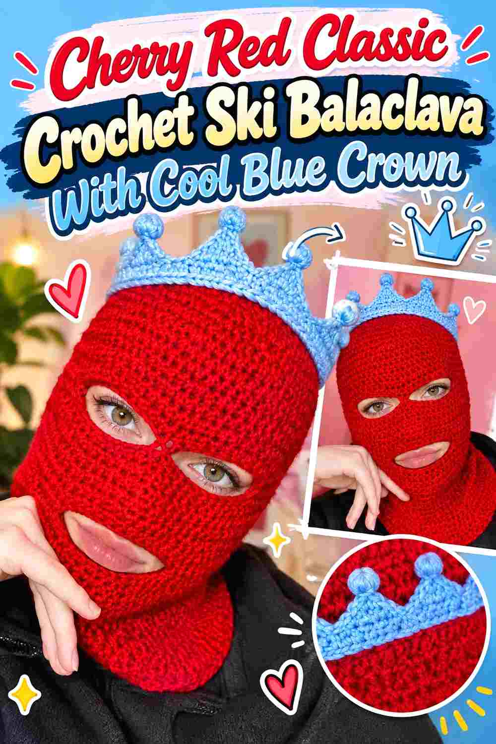 13. Cherry Red Classic Crochet Ski Balaclava With Cool Blue Crown