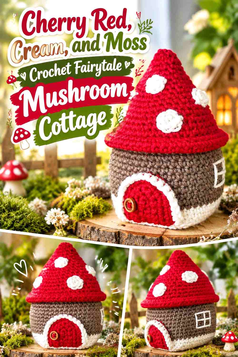 Cherry Red, Cream, and Moss Crochet Fairytale Mushroom Cottage