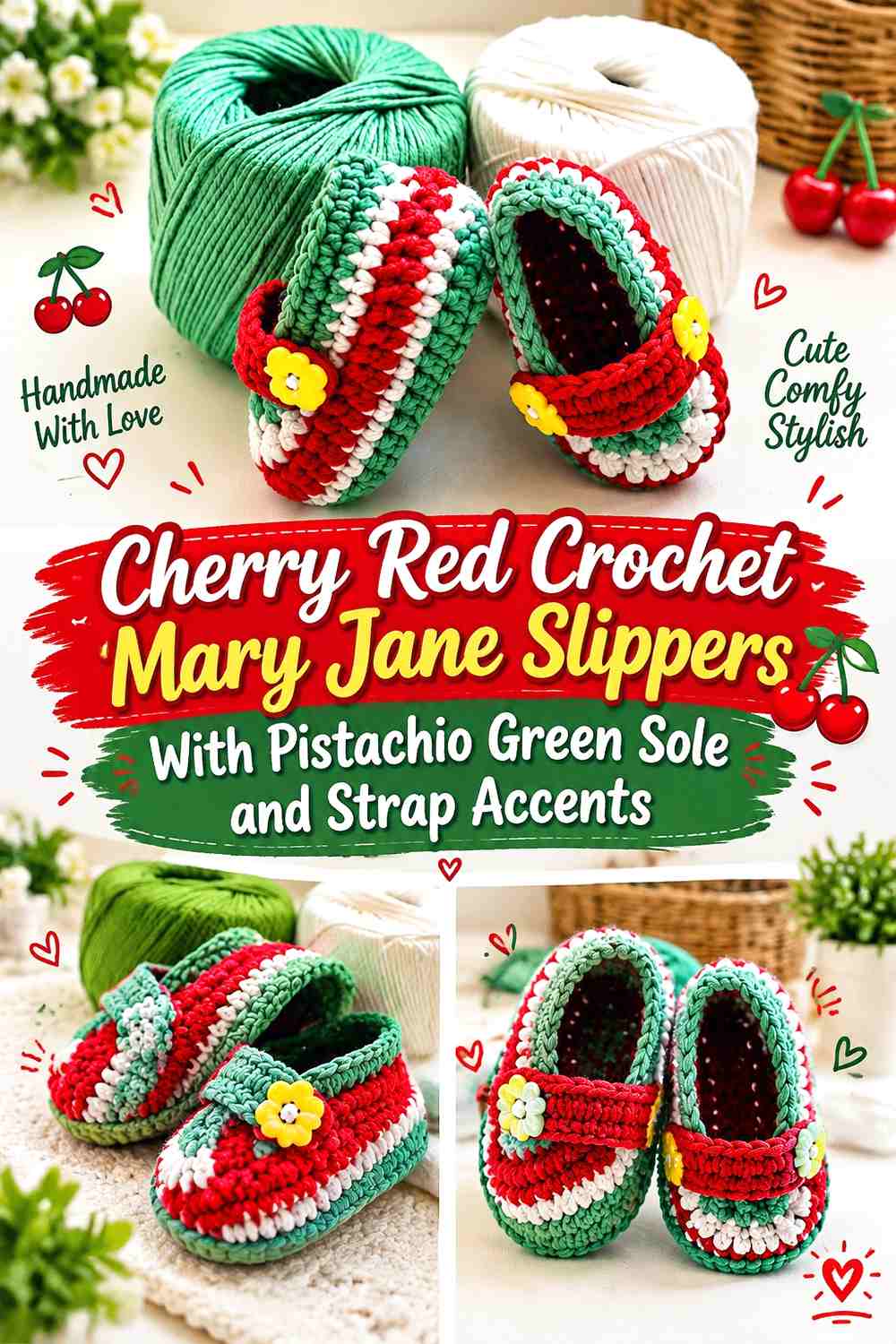 Cherry Red Crochet Mary Jane Slippers With Pistachio Green Sole and Strap Accents