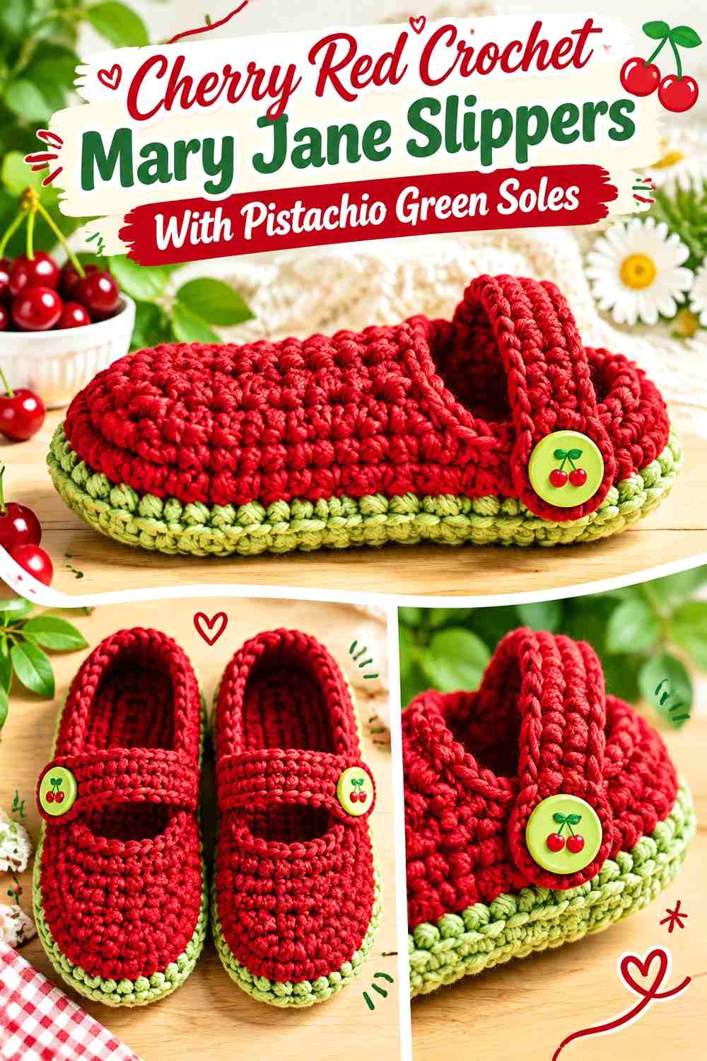 Cherry Red Crochet Mary Jane Slippers With Pistachio Green Soles