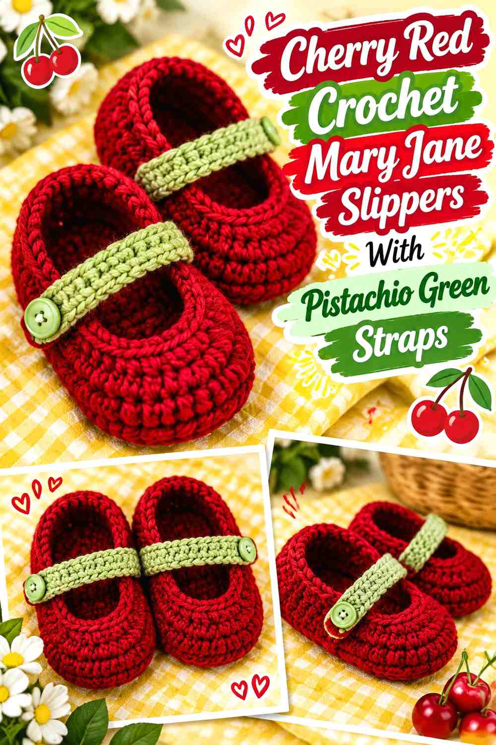 Cherry Red Crochet Mary Jane Slippers With Pistachio Green Straps