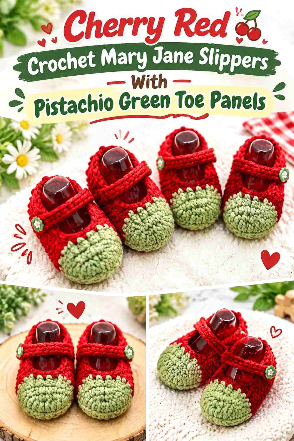 Cherry Red Crochet Mary Jane Slippers With Pistachio Green Toe Panels