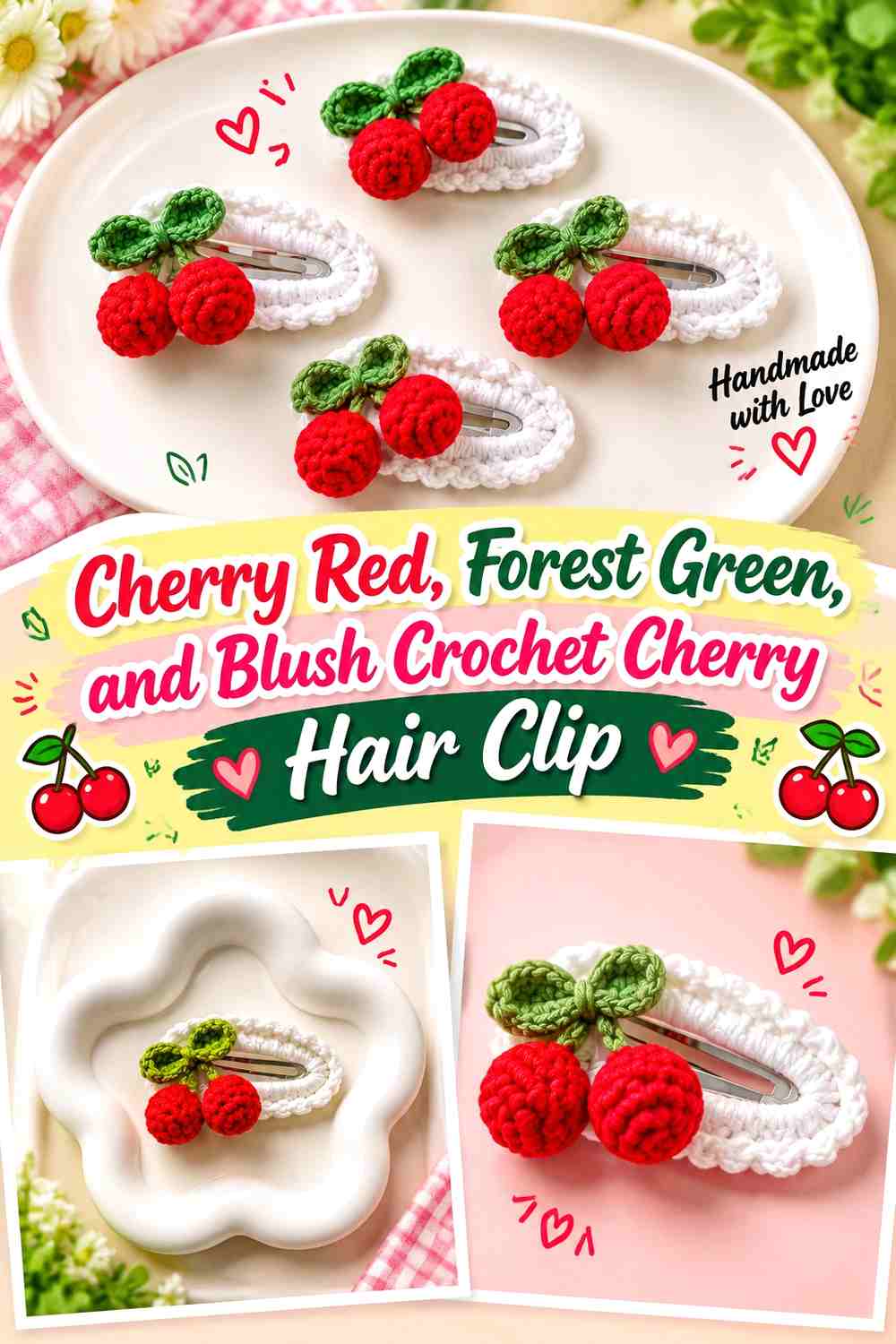 Cherry Red, Forest Green, and Blush Crochet Cherry Hair Clip