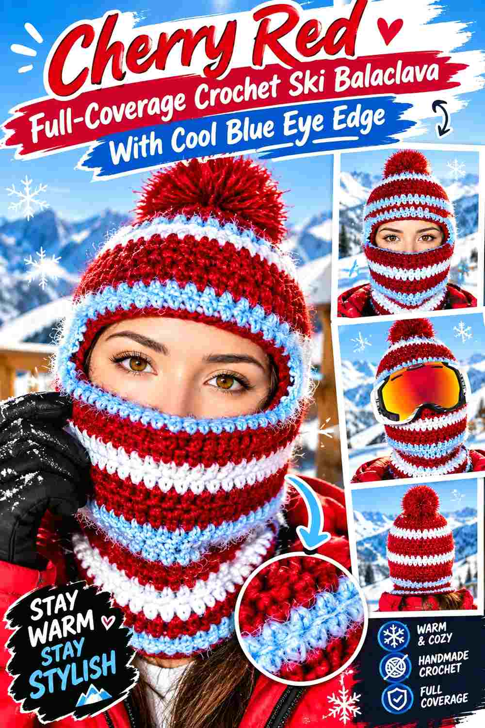 3. Cherry Red Full Coverage Crochet Ski Balaclava With Cool Blue Eye Edge