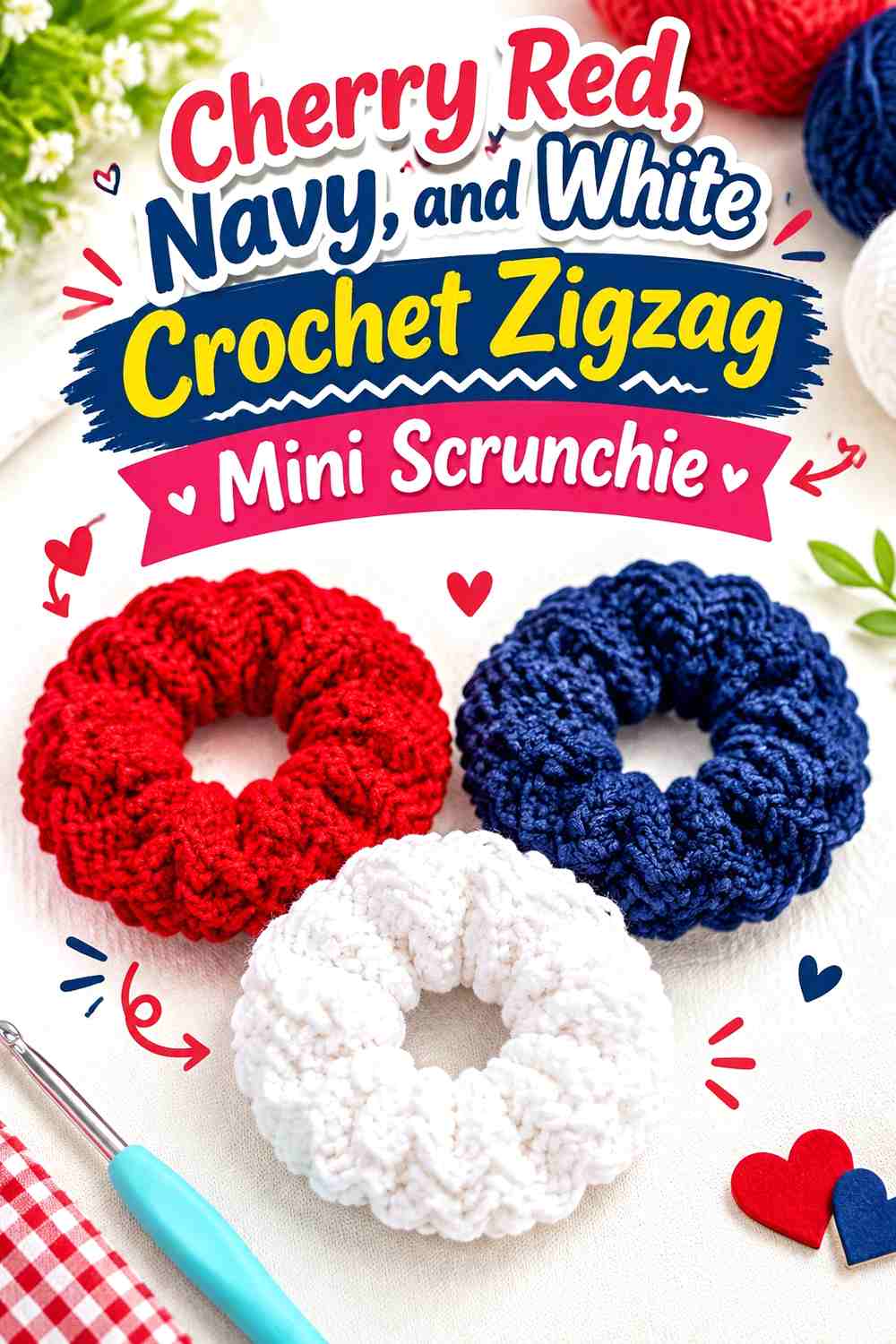 Cherry Red, Navy, and White Crochet Zigzag Mini Scrunchie