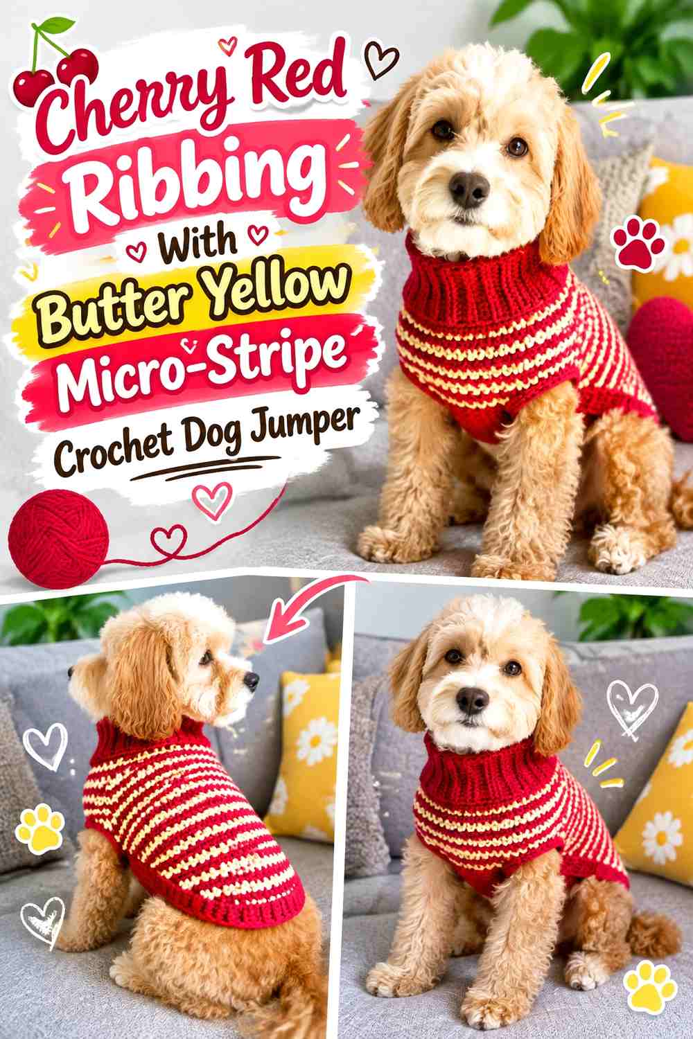 Cherry Red Ribbing With Butter Yellow Micro-Stripe Crochet Dog Jumper