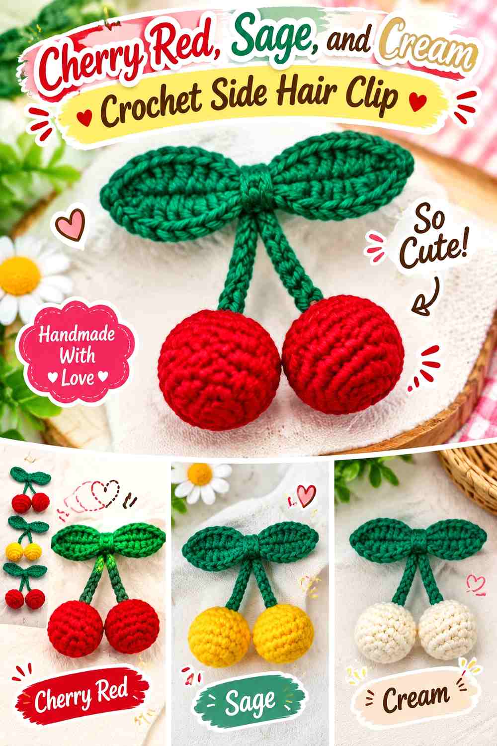 Cherry Red, Sage, and Cream Crochet Side Hair Clip