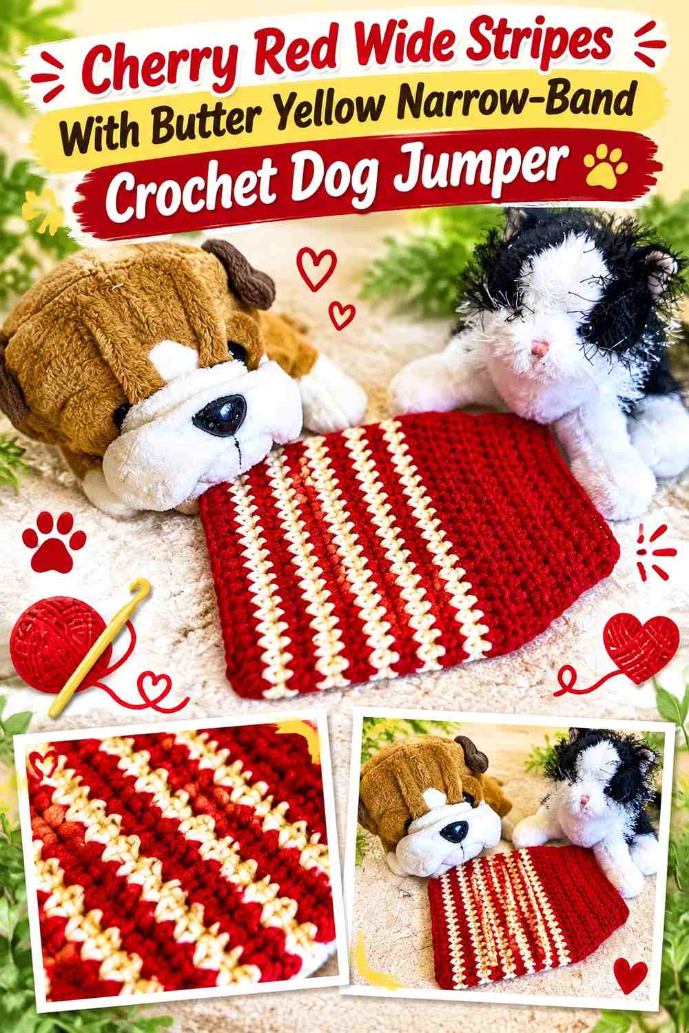 Cherry Red Wide Stripes With Butter Yellow Narrow-Band Crochet Dog Jumper