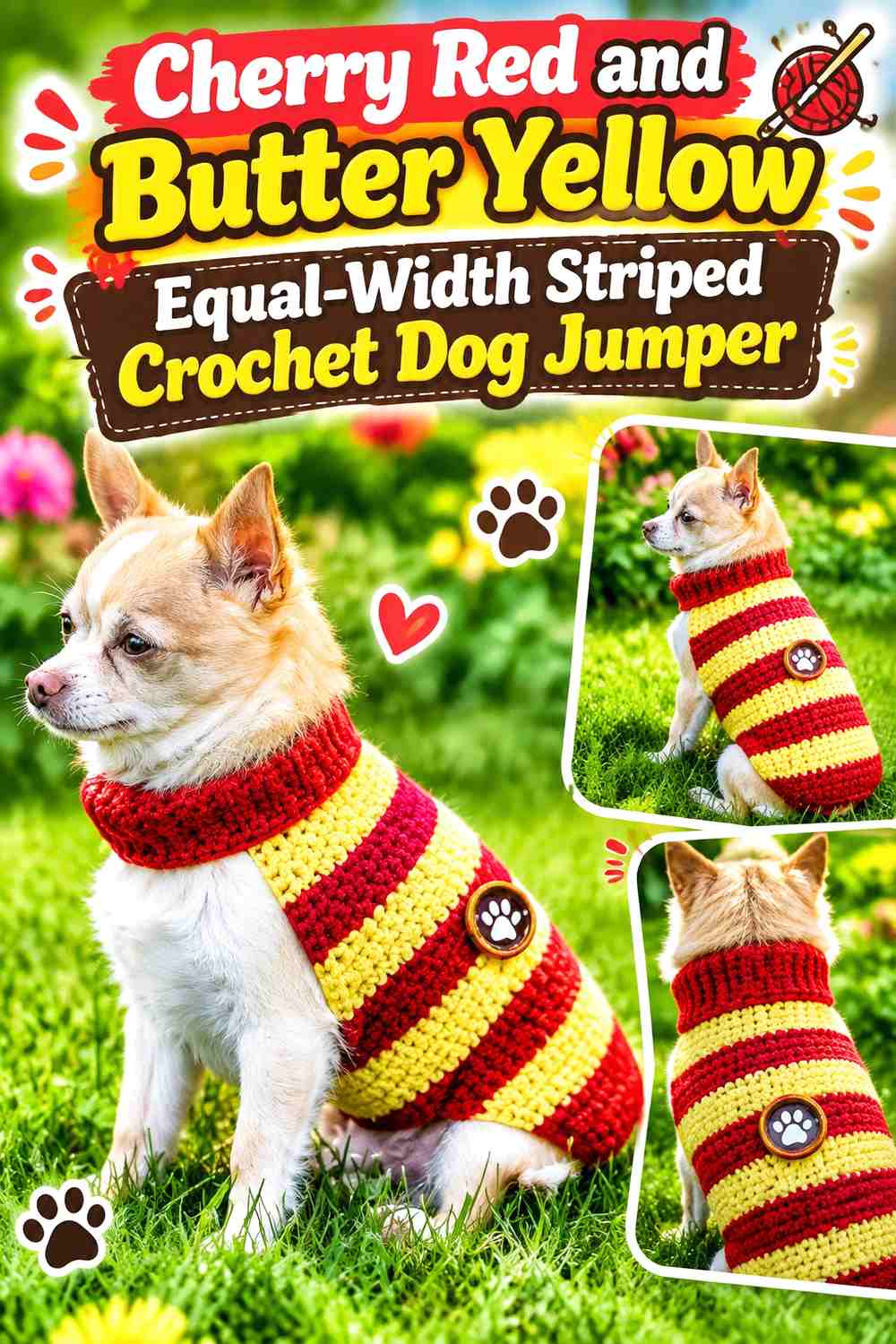 Cherry Red and Butter Yellow Equal-Width Striped Crochet Dog Jumper