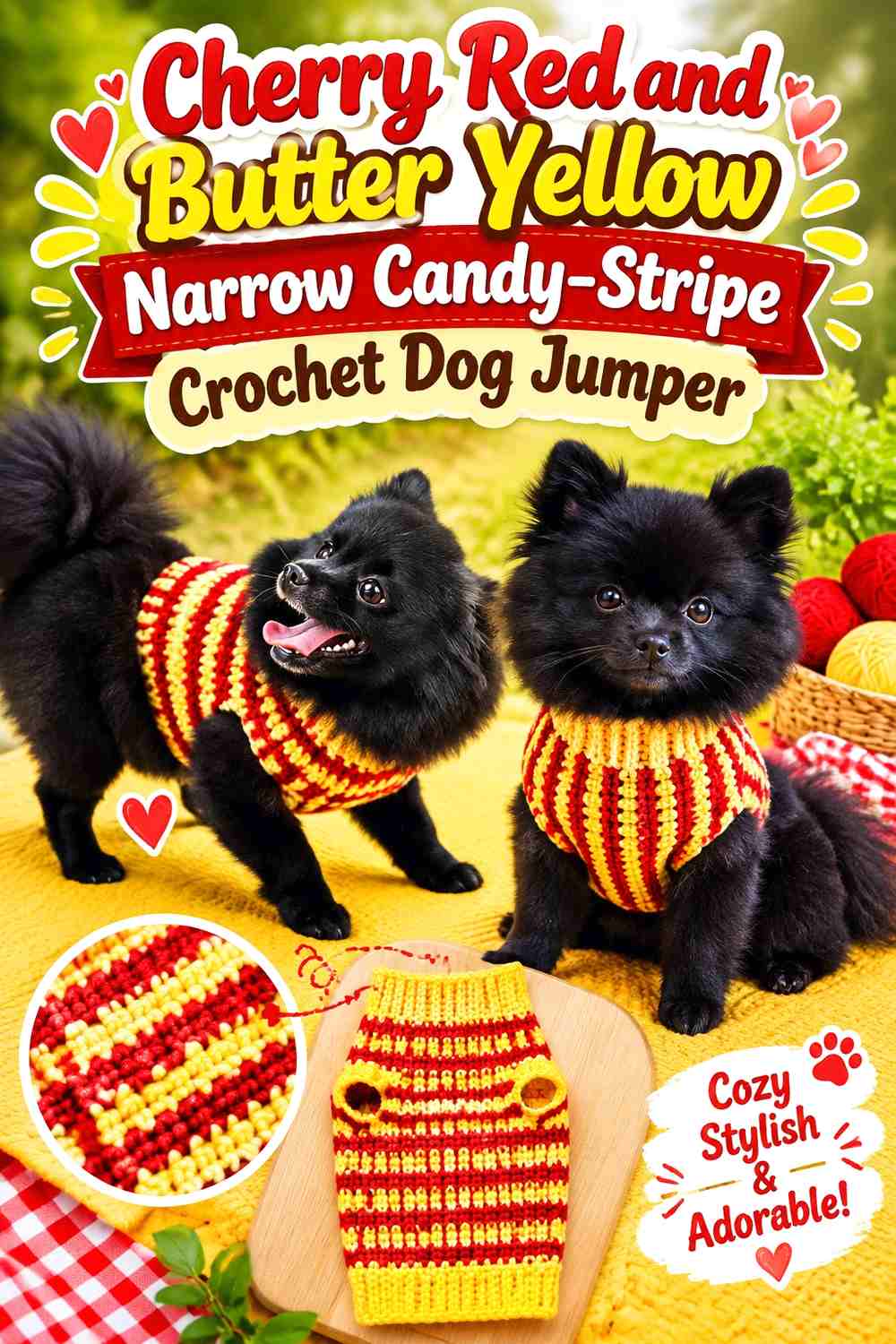 Cherry Red and Butter Yellow Narrow Candy-Stripe Crochet Dog Jumper