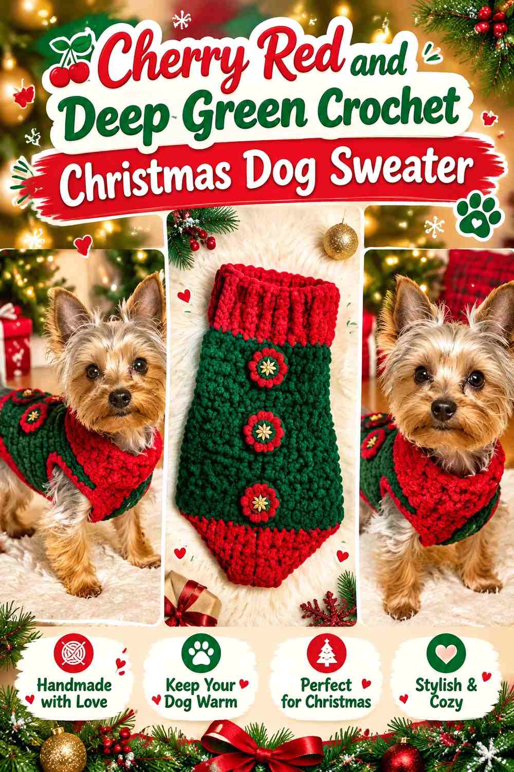Cherry Red and Deep Green Crochet Christmas Dog Sweater