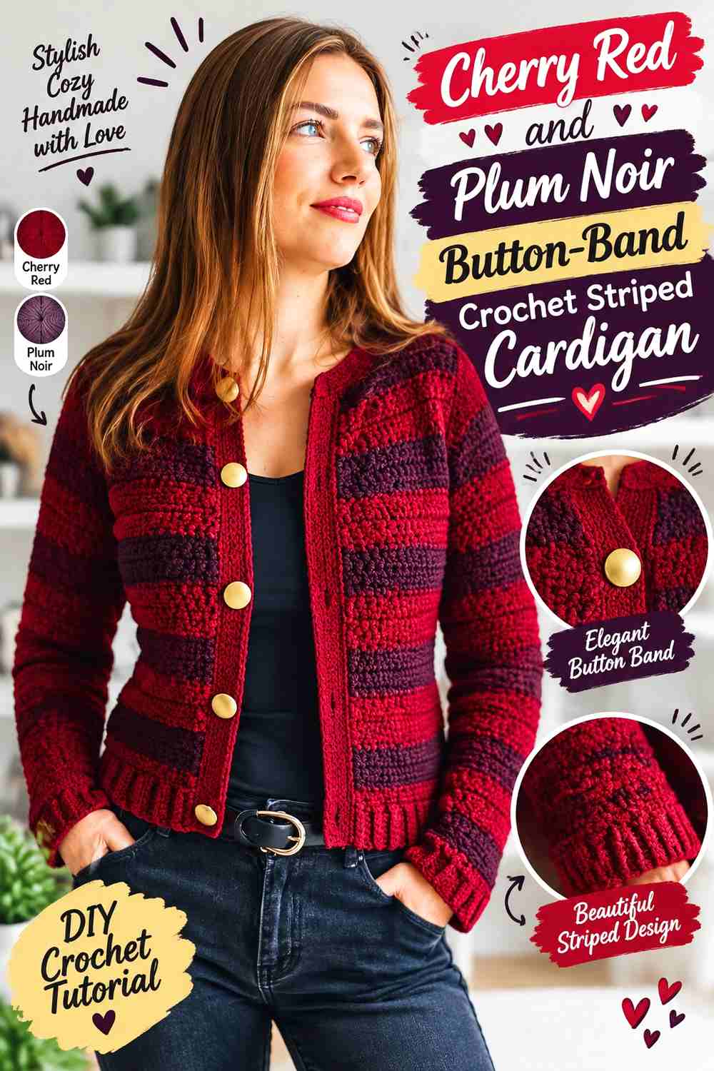 9. Cherry Red And Plum Noir Button Band Crochet Striped Cardigan