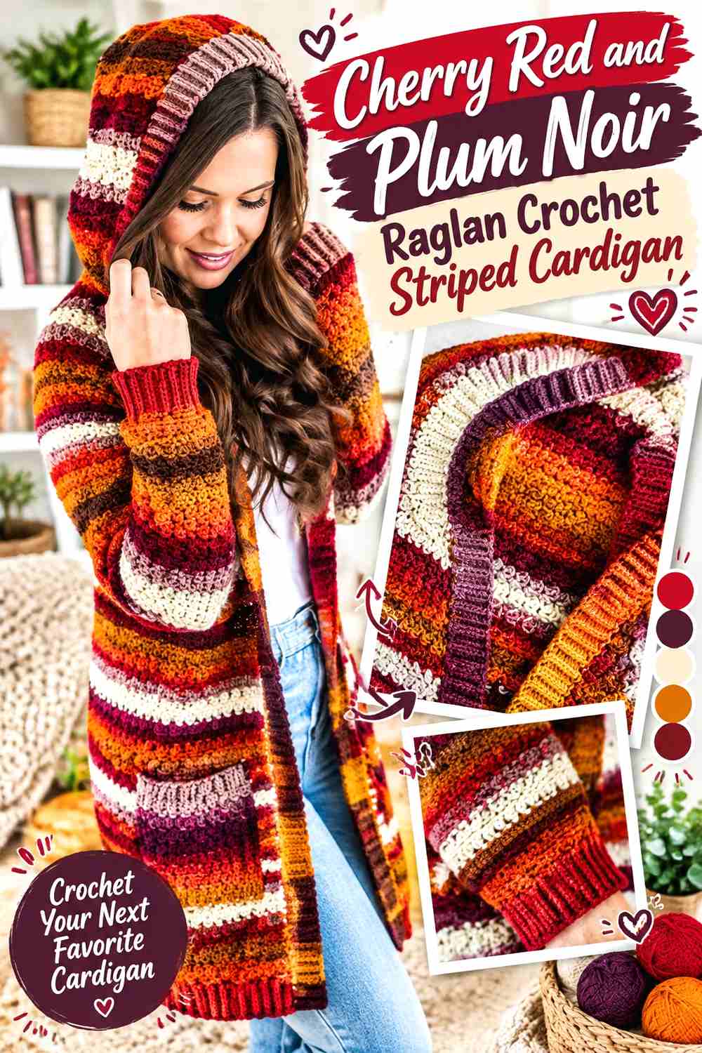 11. Cherry Red And Plum Noir Raglan Crochet Striped Cardigan