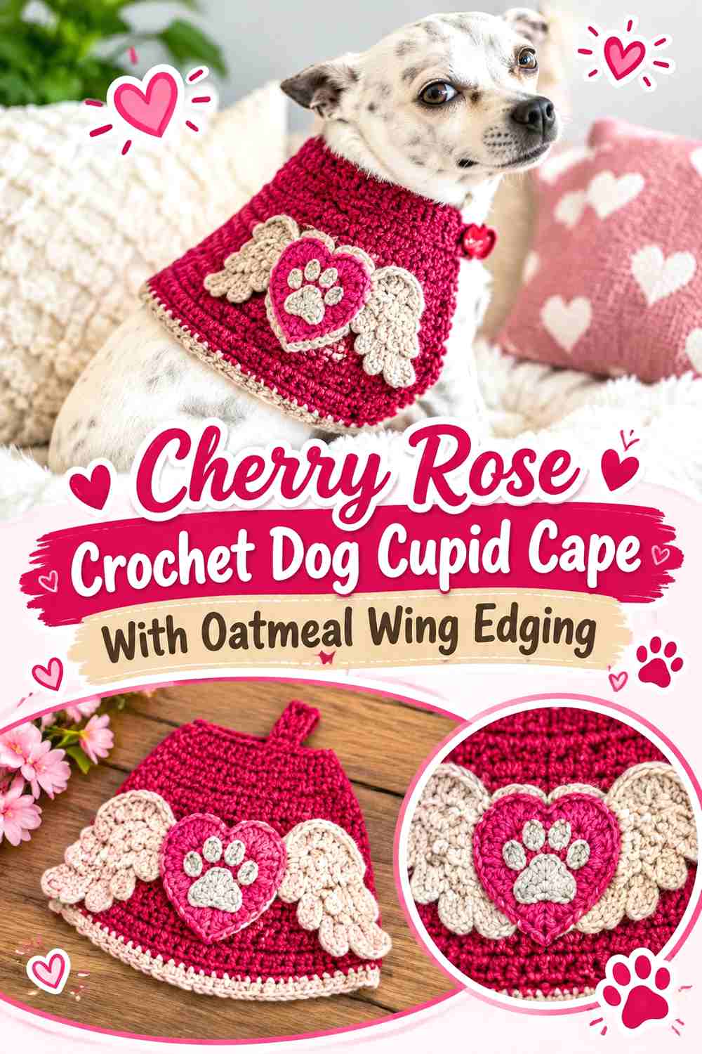 Cherry Rose Crochet Dog Cupid Cape With Oatmeal Wing Edging