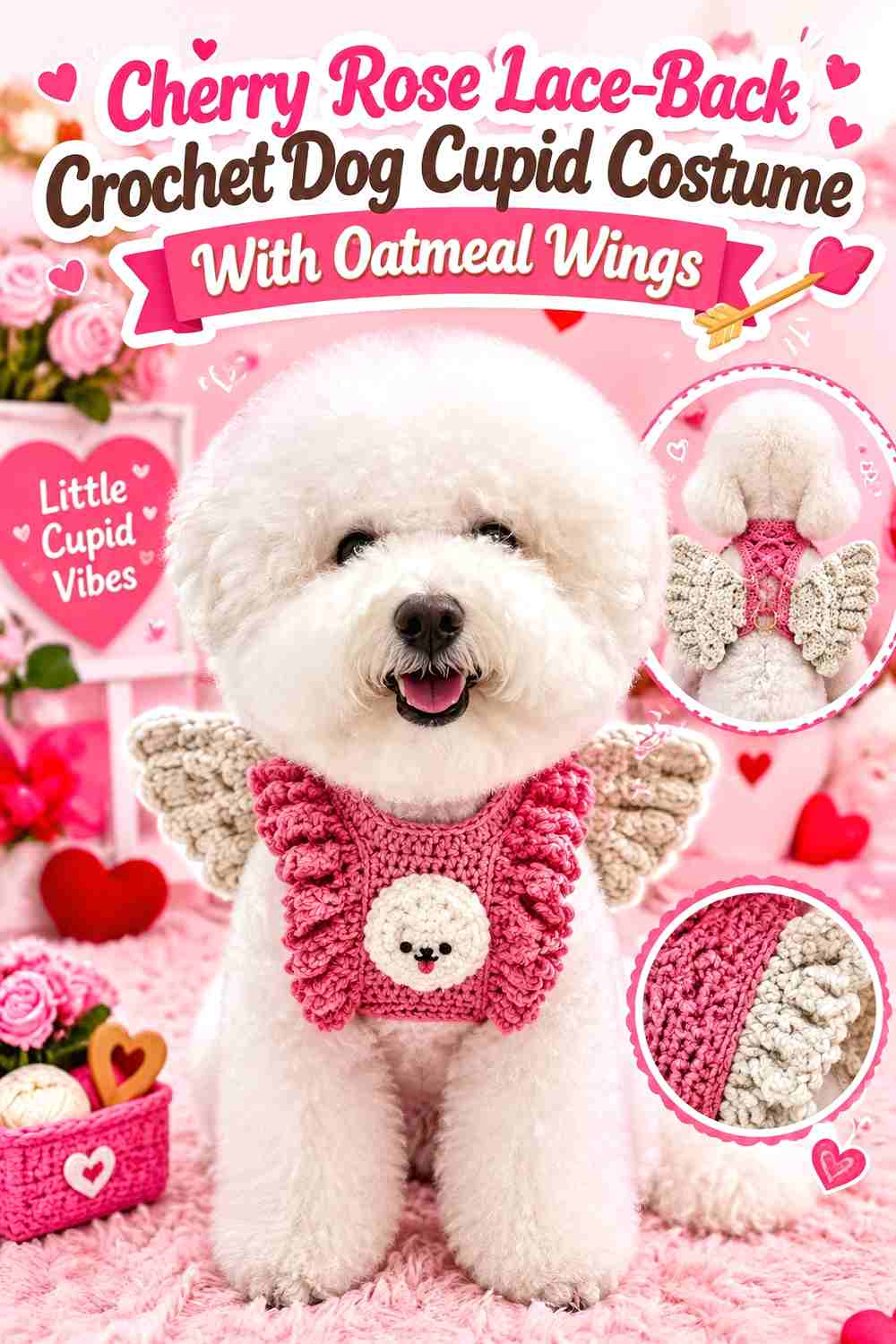 Cherry Rose Lace-Back Crochet Dog Cupid Costume With Oatmeal Wings