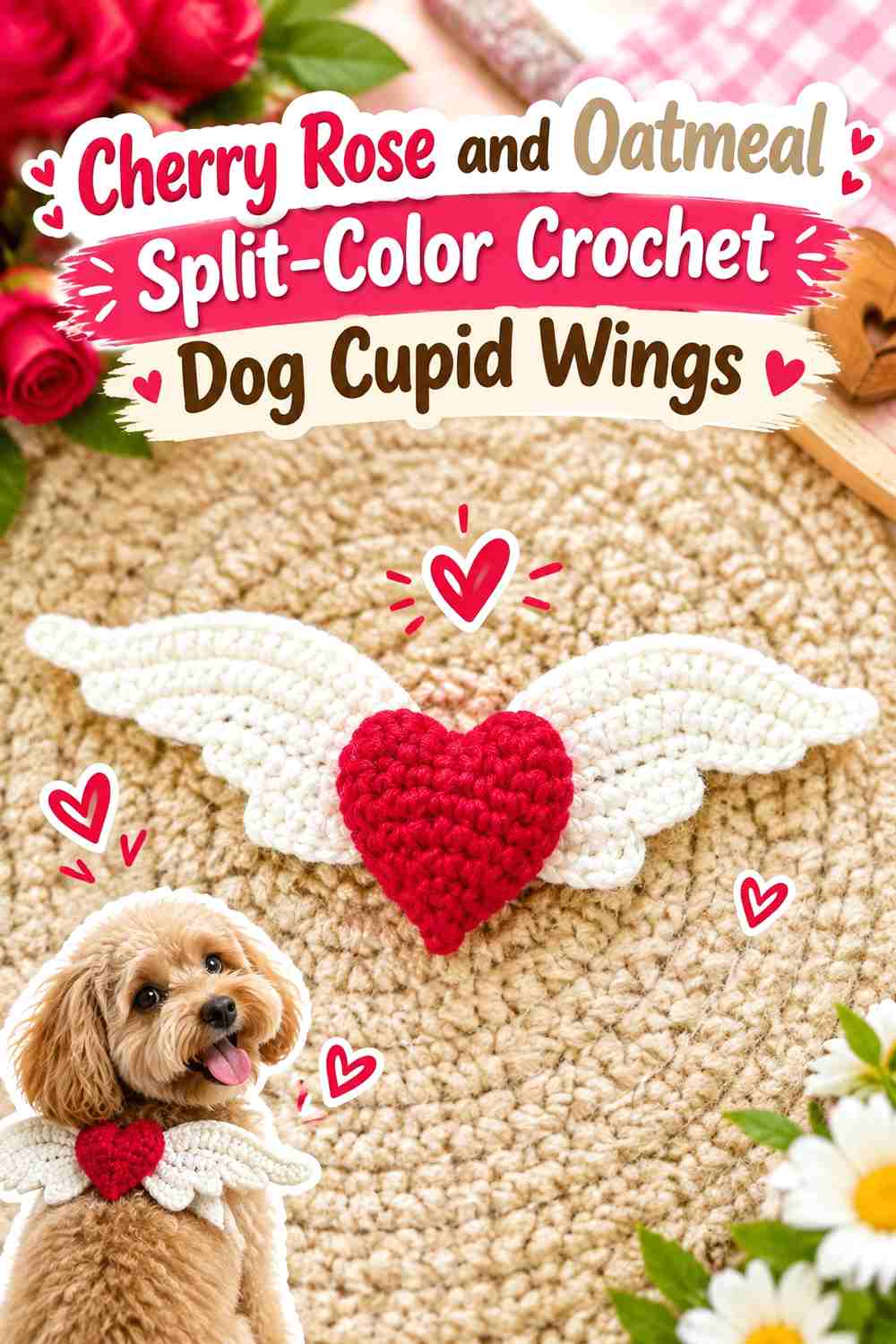 Cherry Rose and Oatmeal Split-Color Crochet Dog Cupid Wings