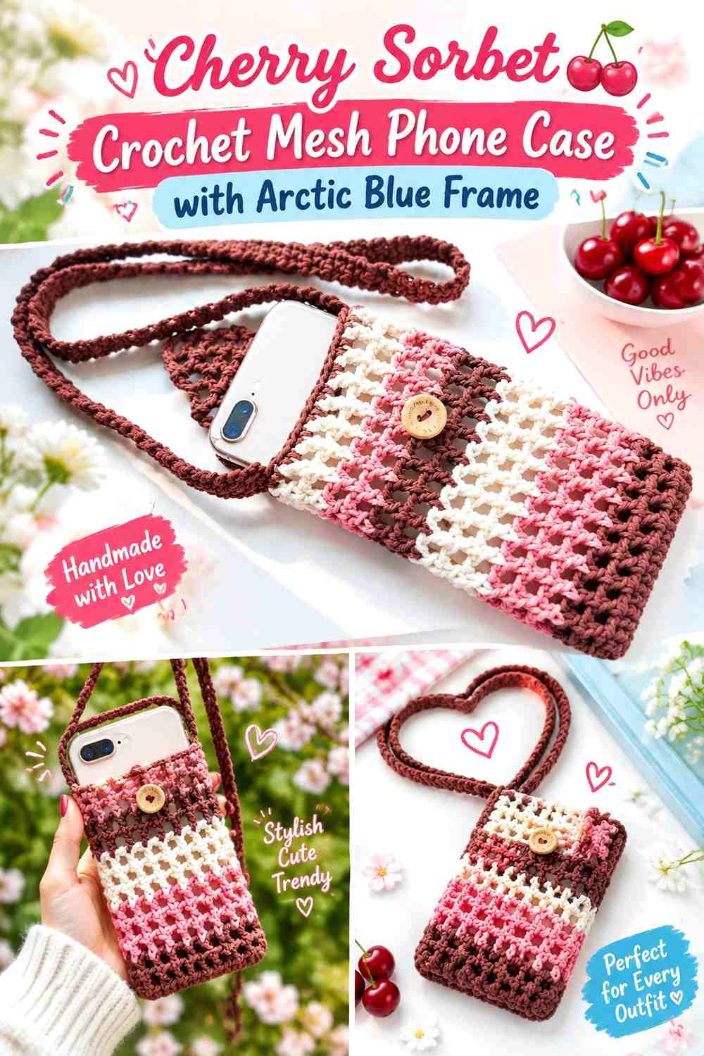 Cherry Sorbet Crochet Mesh Phone Case with Arctic Blue Frame