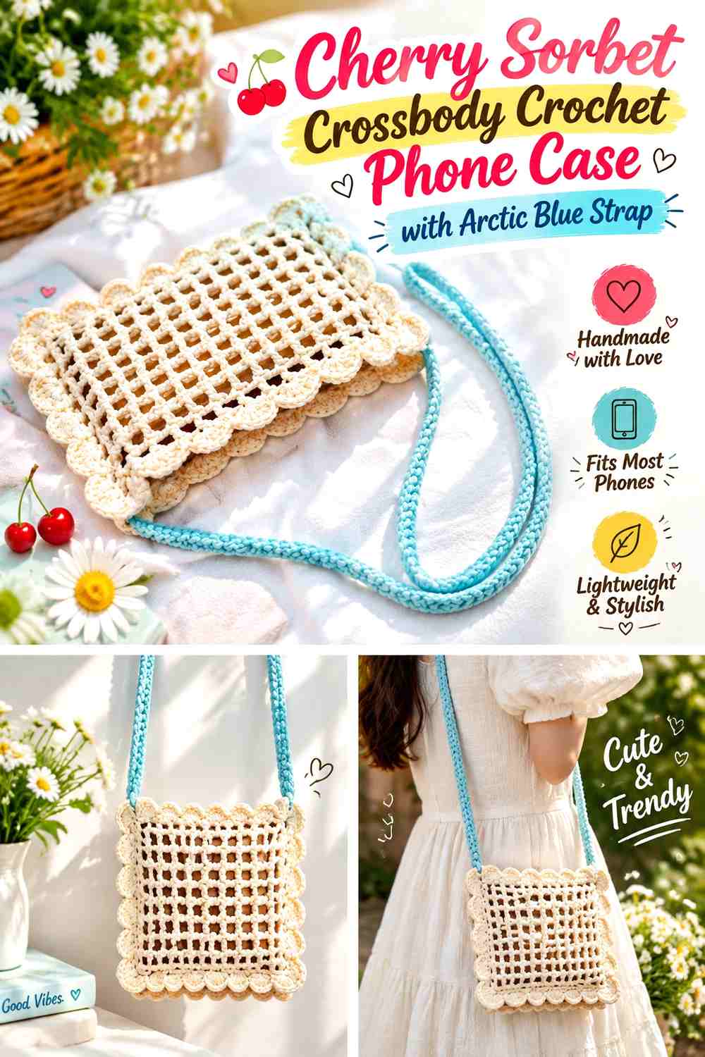 Cherry Sorbet Crossbody Crochet Phone Case with Arctic Blue Strap