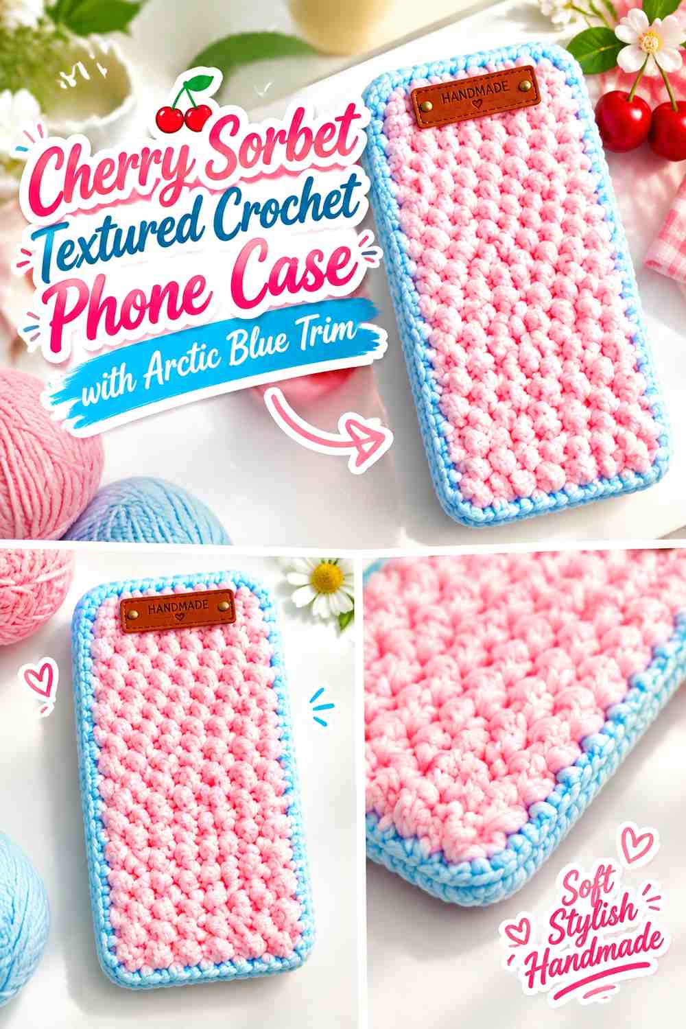 Cherry Sorbet Textured Crochet Phone Case with Arctic Blue Trim