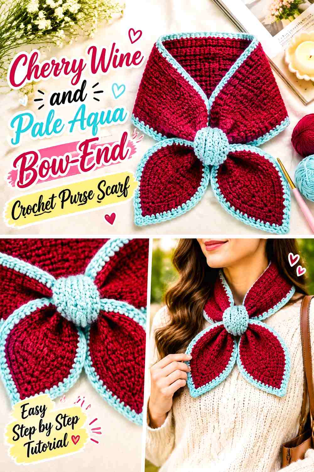 Cherry Wine and Pale Aqua Bow End Crochet Purse Scarf