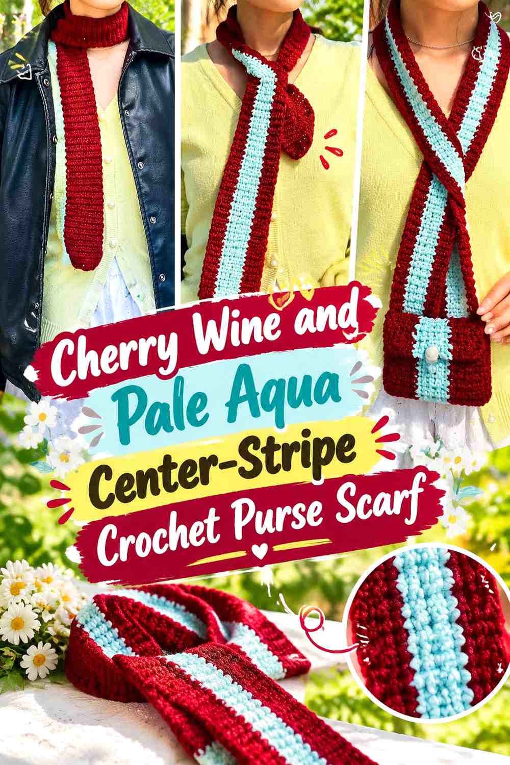 Cherry Wine and Pale Aqua Center Stripe Crochet Purse Scarf