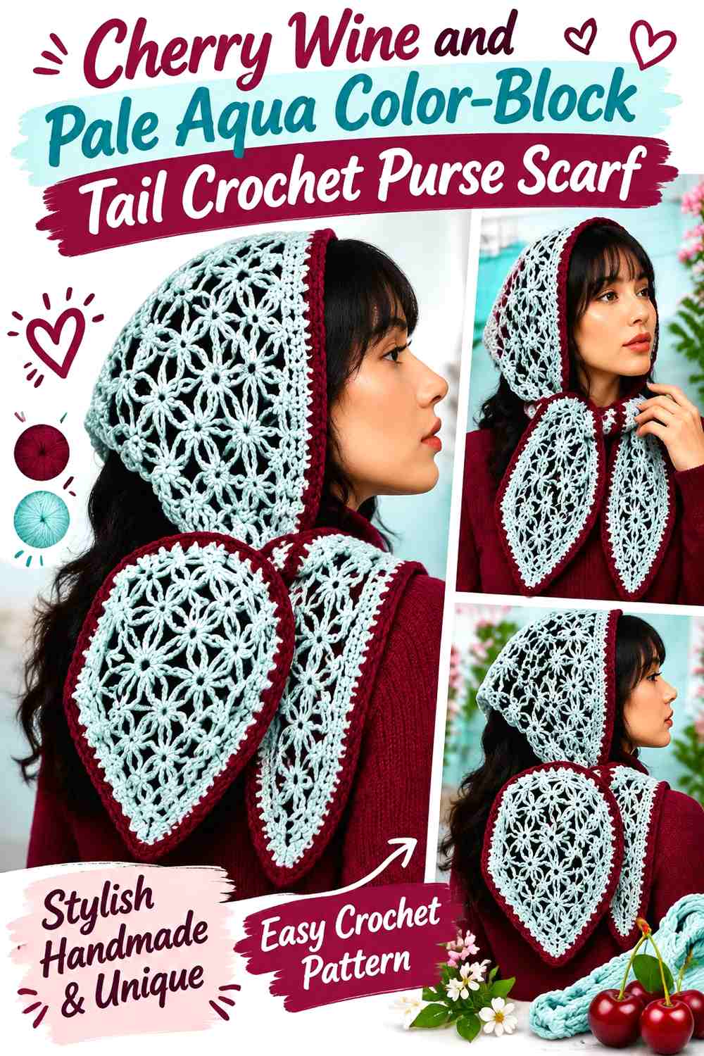 Cherry Wine and Pale Aqua Color Block Tail Crochet Purse Scarf
