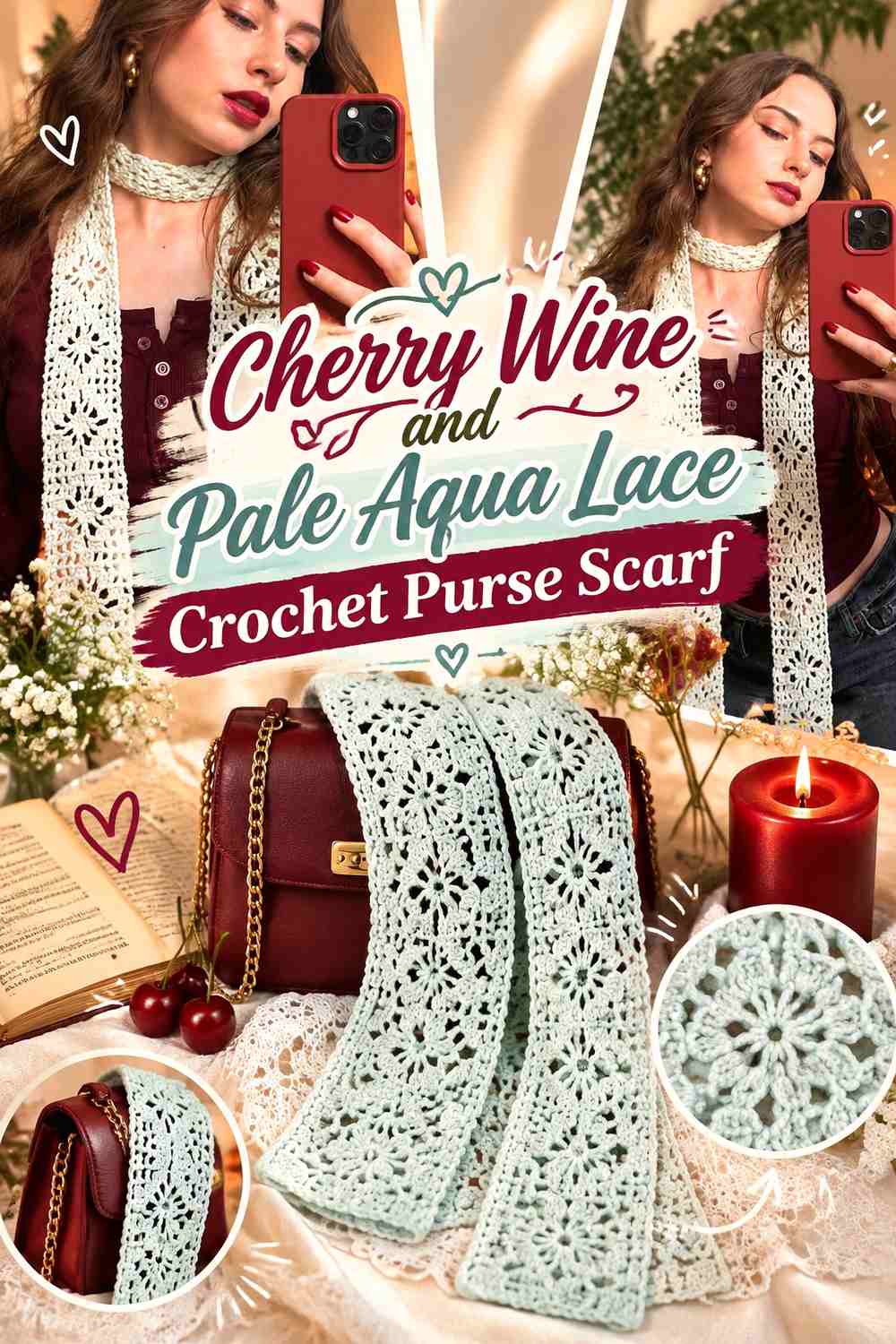 Cherry Wine and Pale Aqua Lace Crochet Purse Scarf