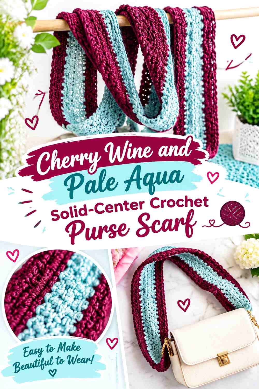 Cherry Wine and Pale Aqua Solid Center Crochet Purse Scarf