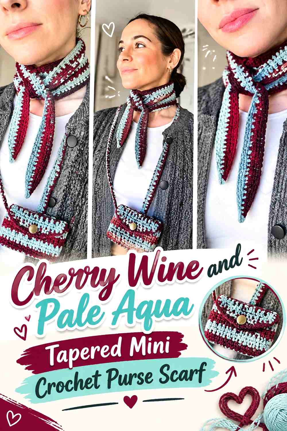 Cherry Wine and Pale Aqua Tapered Mini Crochet Purse Scarf