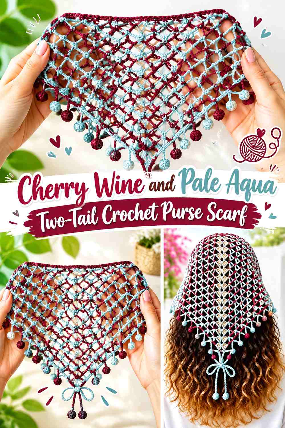 Cherry Wine and Pale Aqua Two Tail Crochet Purse Scarf
