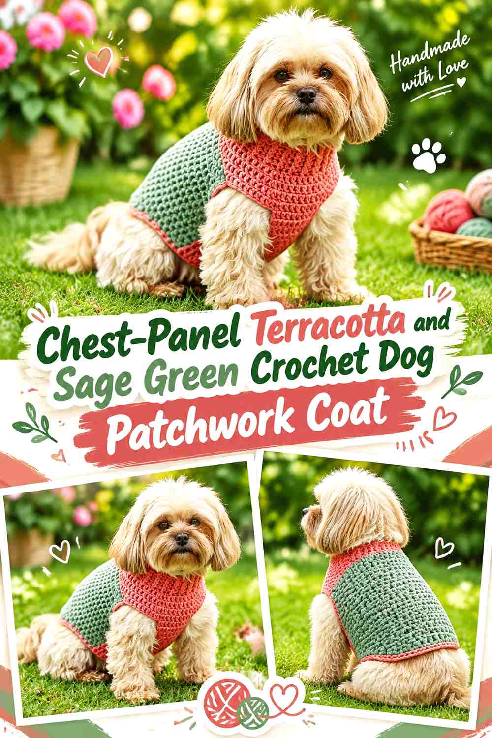 Chest-Panel Terracotta and Sage Green Crochet Dog Patchwork Coat
