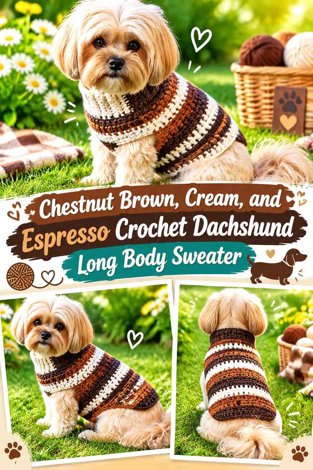 Chestnut Brown, Cream, and Espresso Crochet Dachshund Long Body Sweater