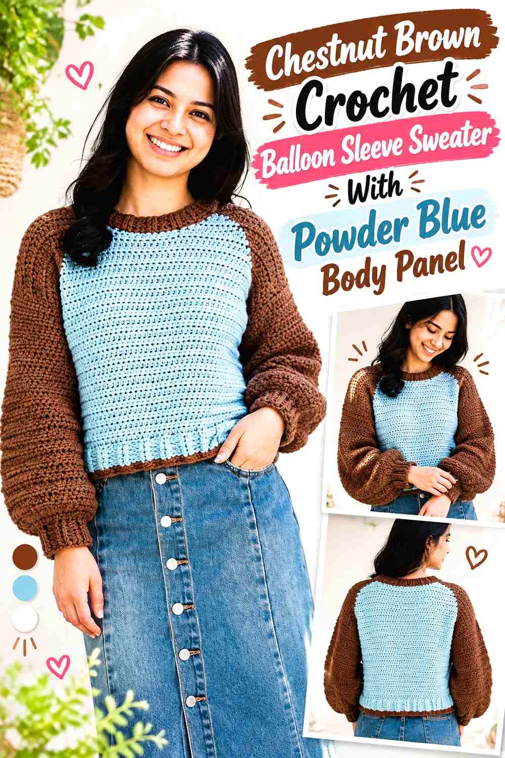 Chestnut Brown Crochet Balloon Sleeve Sweater With Powder Blue Body Panel