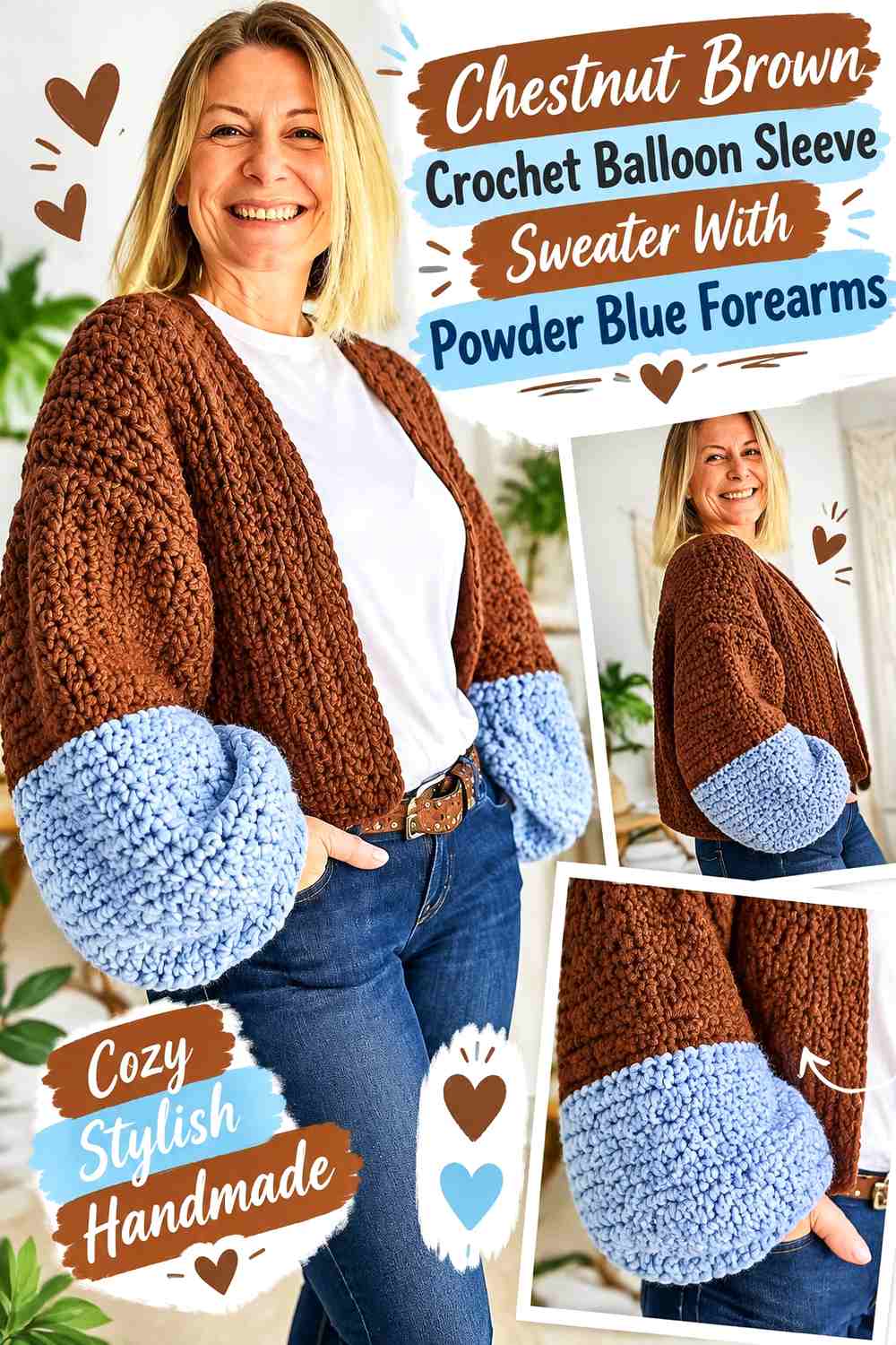 Chestnut Brown Crochet Balloon Sleeve Sweater With Powder Blue Forearms