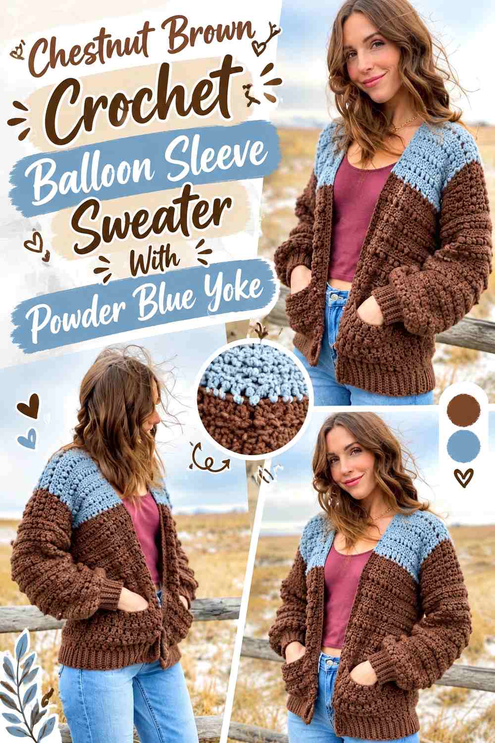 Chestnut Brown Crochet Balloon Sleeve Sweater With Powder Blue Yoke
