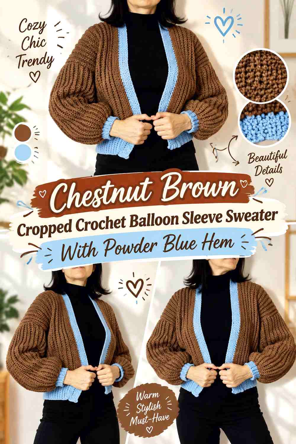 Chestnut Brown Cropped Crochet Balloon Sleeve Sweater With Powder Blue Hem