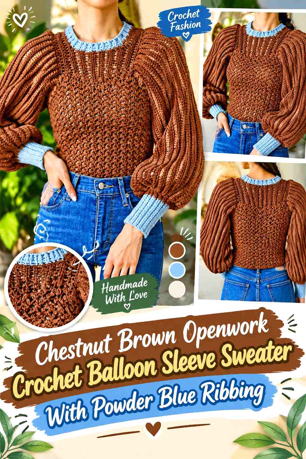 Chestnut Brown Openwork Crochet Balloon Sleeve Sweater With Powder Blue Ribbing
