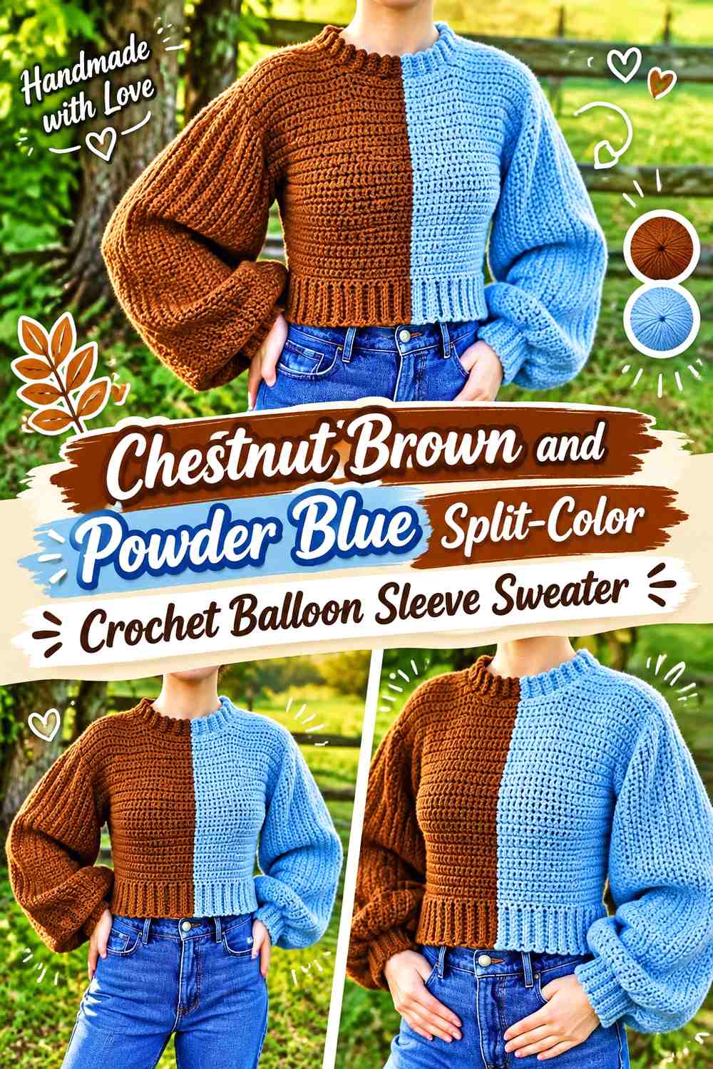 Chestnut Brown and Powder Blue Split-Color Crochet Balloon Sleeve Sweater