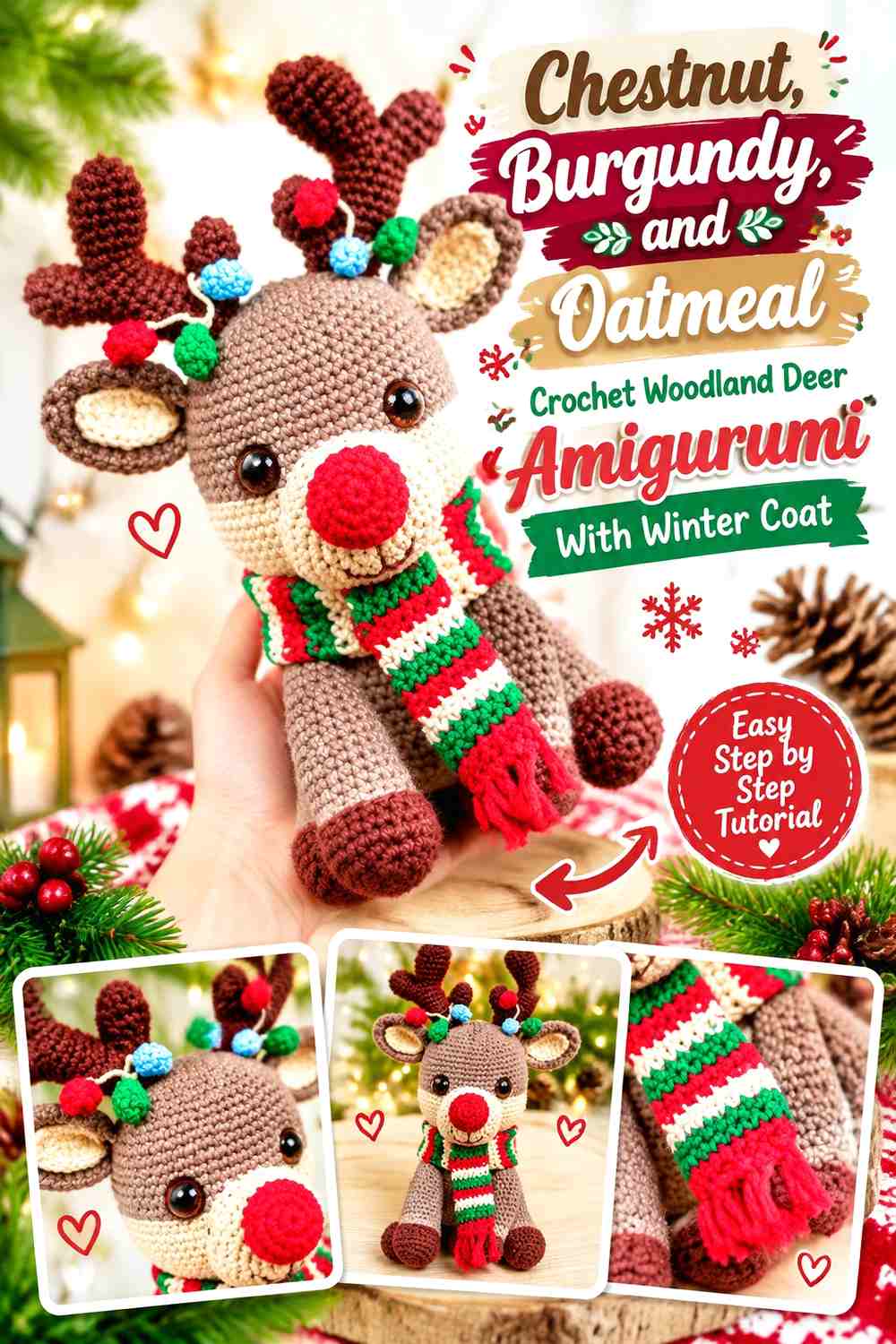 Chestnut, Burgundy, and Oatmeal Crochet Woodland Deer Amigurumi With Winter Coat
