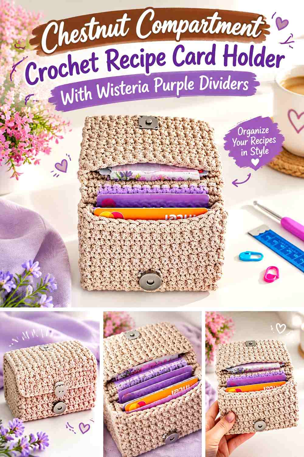 Chestnut Compartment Crochet Recipe Card Holder With Wisteria Purple Dividers