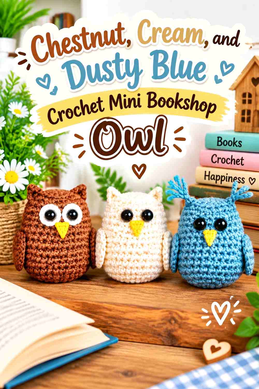 Chestnut, Cream, and Dusty Blue Crochet Mini Bookshop Owl
